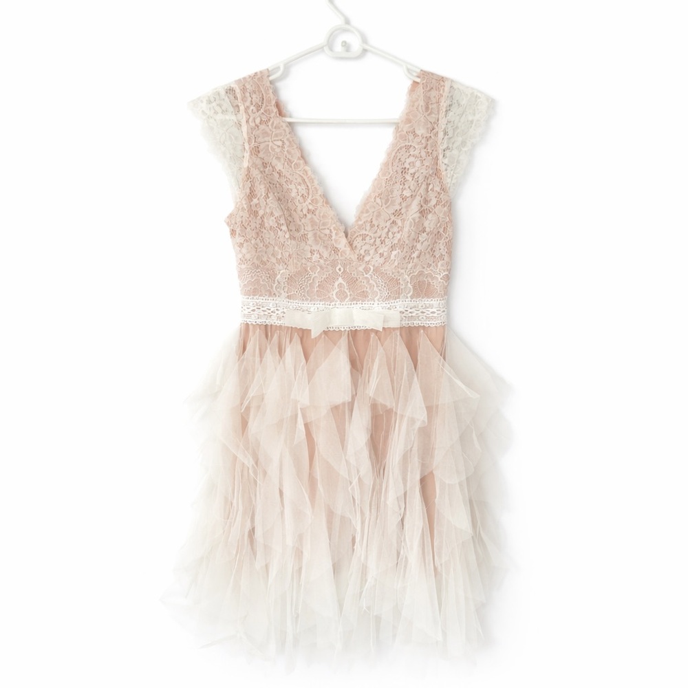 Lace V-Neck Tulle Mini Dress in Blush and Ivory